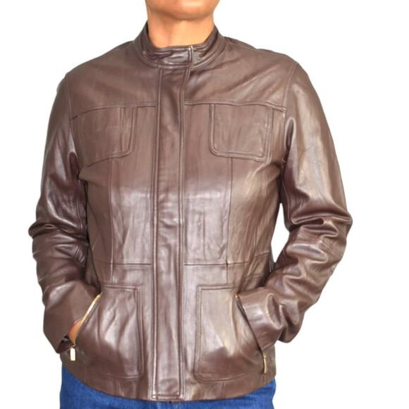 Chicos Leather Jacket Brown Cafe Racer Biker Pockets Zippered Size Small Davita - Picture 1 of 15